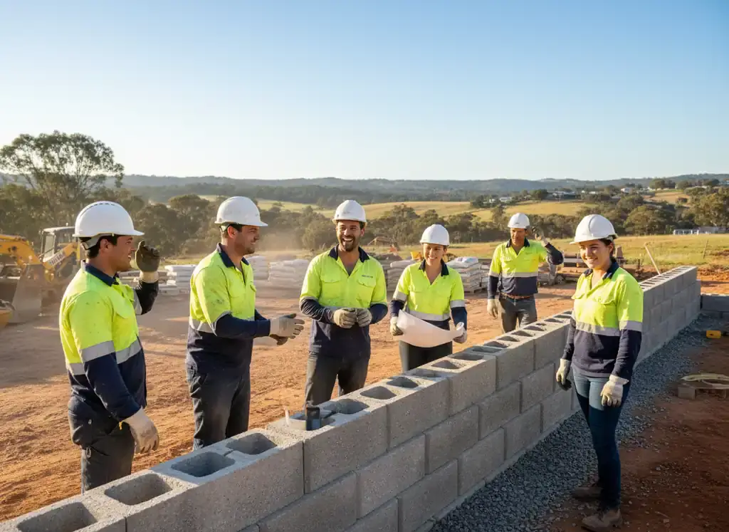 retainingwall armadale: Five workers in hi-vis and hard hats beside a grey concrete block wall on a dirt site