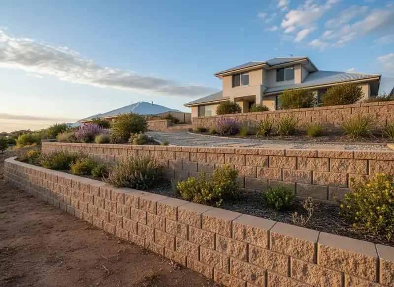 retainingwall armadale: Tiered tan block retaining walls with garden beds and shrubs beside a two-storey house
