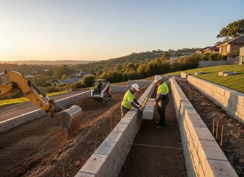 retainingwall armadale: Workers positioning a pale concrete sleeper in a trench between grey block walls