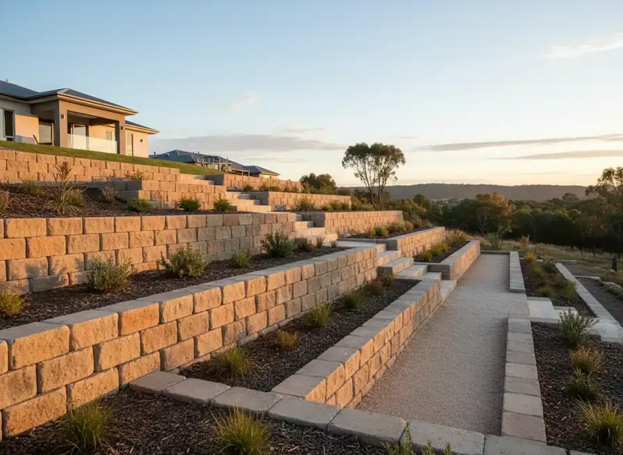 retainingwall armadale: Stepped block retaining walls with gravel path and planted beds beside a house