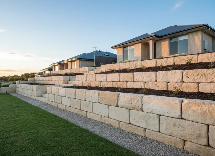 retainingwall armadale: Tiered pale cream stone block walls with mulched beds and lawn beside a house