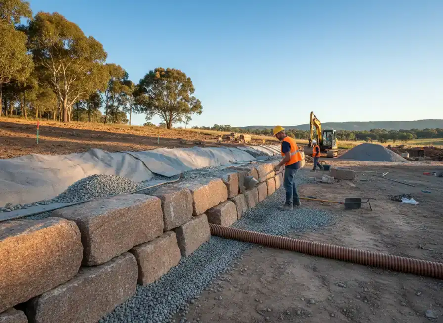 retainingwall armadale: Large tan blocks with grey gravel backfill and orange corrugated drain pipe on site