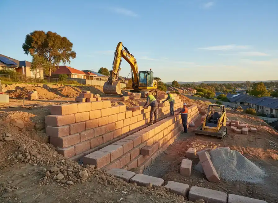 retainingwall armadale: Workers laying tan block courses on a retaining wall with excavator and skid steer