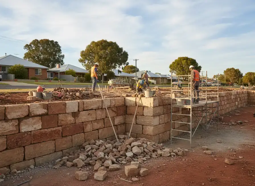 retainingwall armadale: Workers on scaffold beside a partly built tan block wall with rubble piled in front